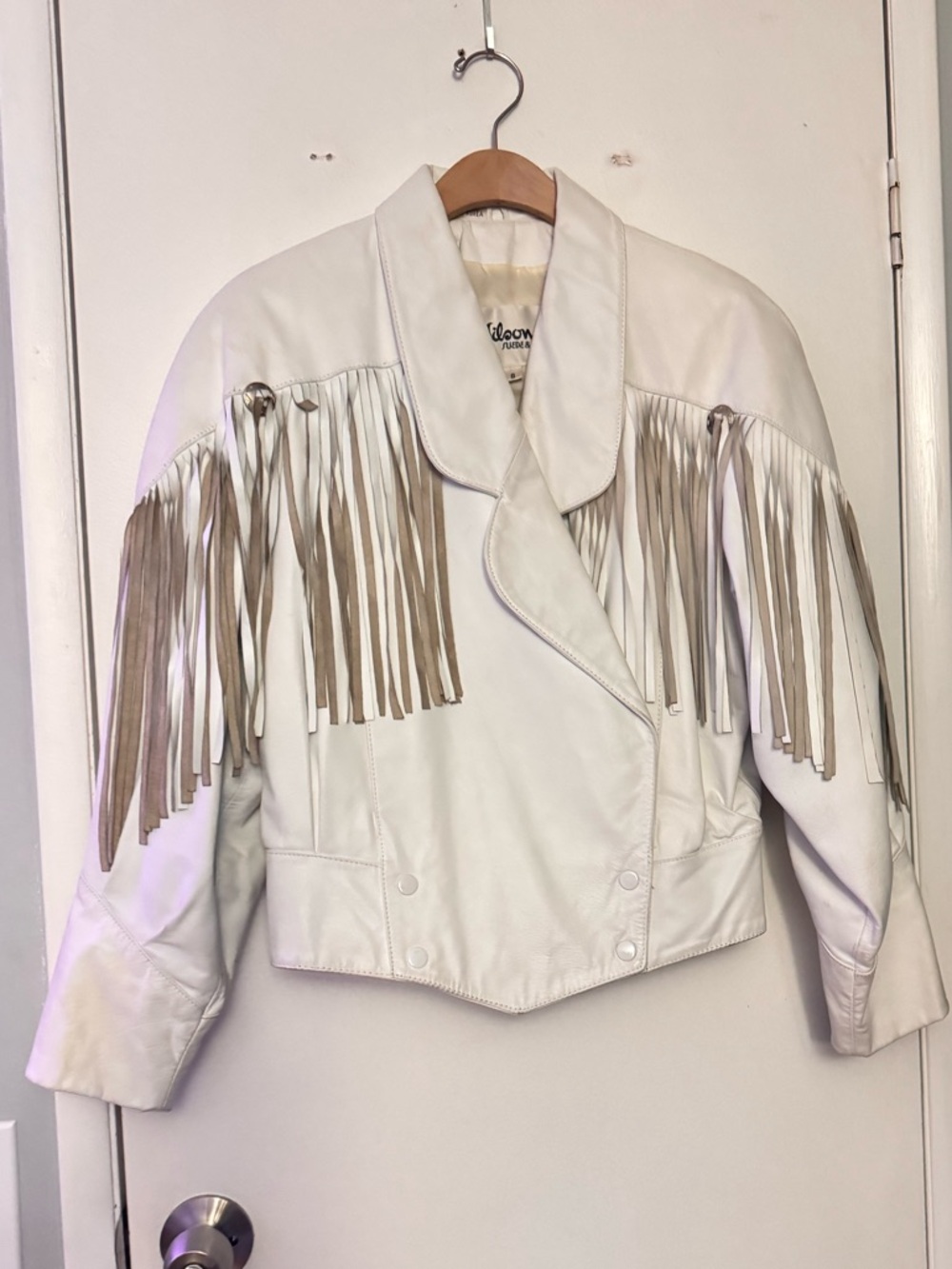 Wilson White Leather Fringe Jacket with Tan Suede Trim